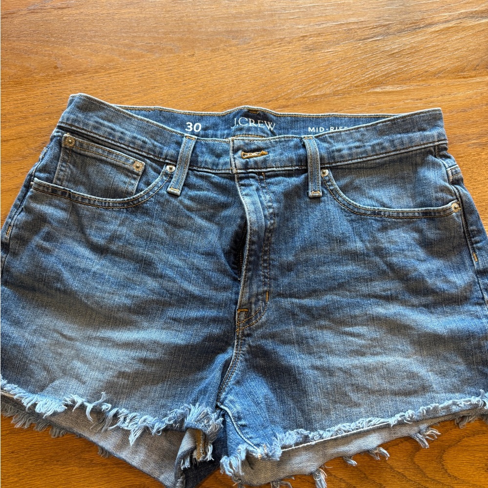 J. Crew Mid-Rise Frayed Hem Denim Shorts - Blue